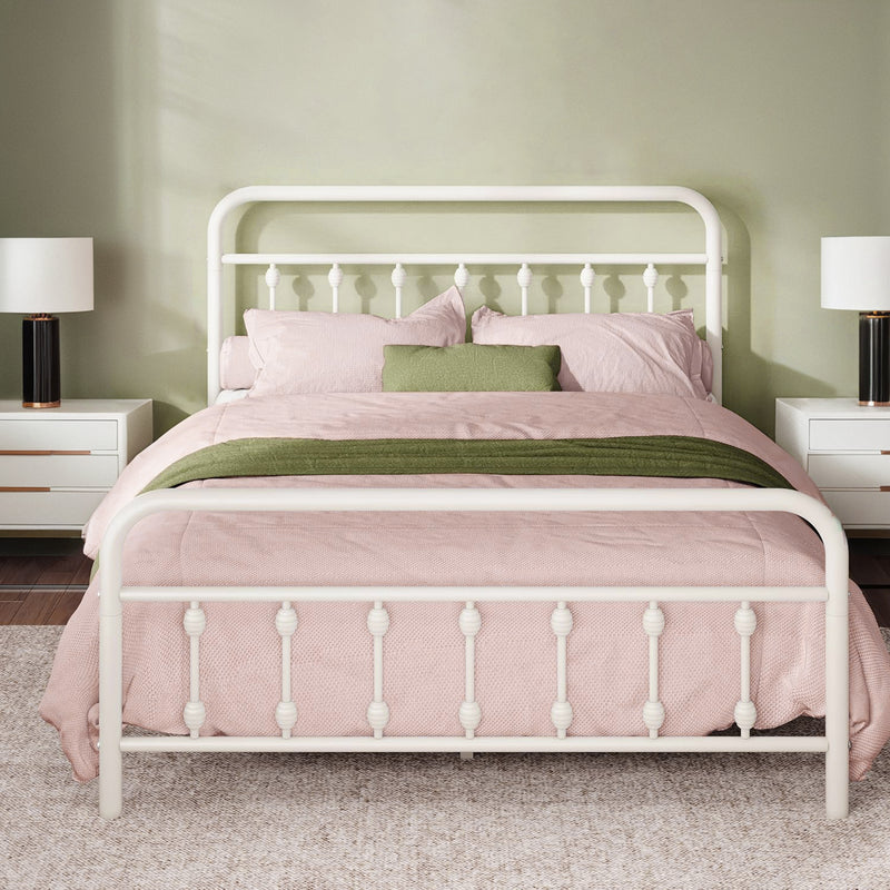 Metal Platform Bed Frame with Victorian Style Iron-Art Headboard Mattress Foundation Under Bed Storage