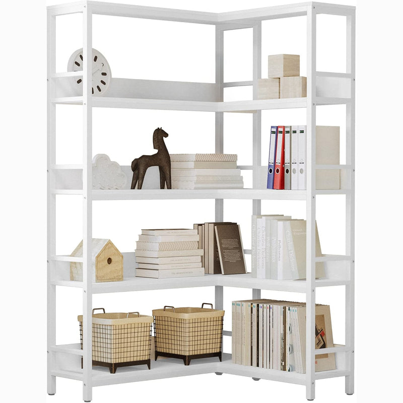 5 Tiers Corner Bookcases Industrial Bookshelves  with Baffles Etagere Shelf Storage Rack with Metal Frame