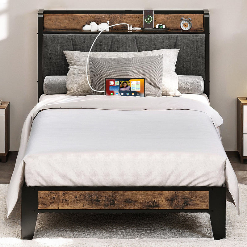 Upholstered Bed Frame, Twin/Twin XL Bed Frame with Storage Headboard Charging Station