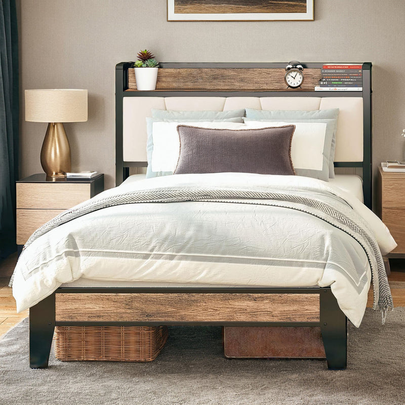 Upholstered Bed Frame, Twin/Twin XL Bed Frame with Storage Headboard Charging Station
