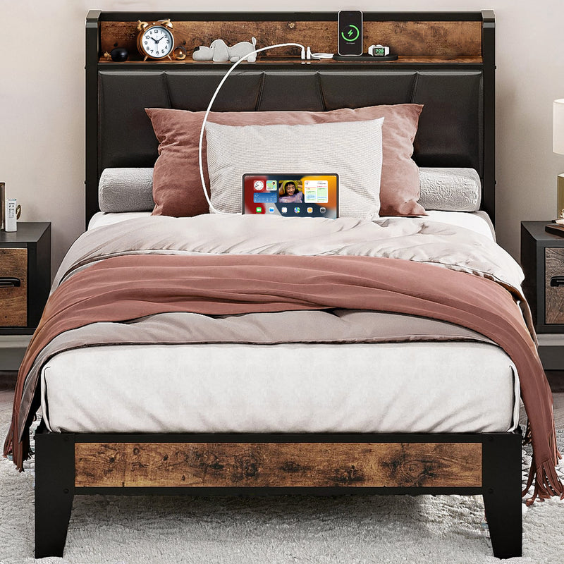 Upholstered Bed Frame, Twin/Twin XL Bed Frame with Storage Headboard Charging Station