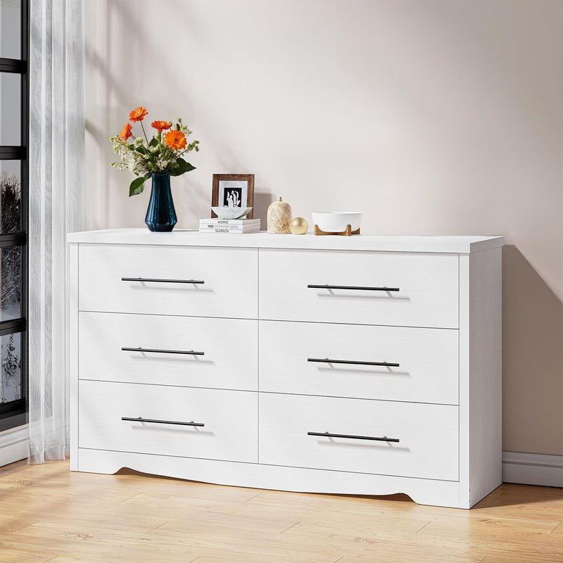 55" Dressers with 6 Drawer Dresser Chests of Drawers with Metal Handles, Black