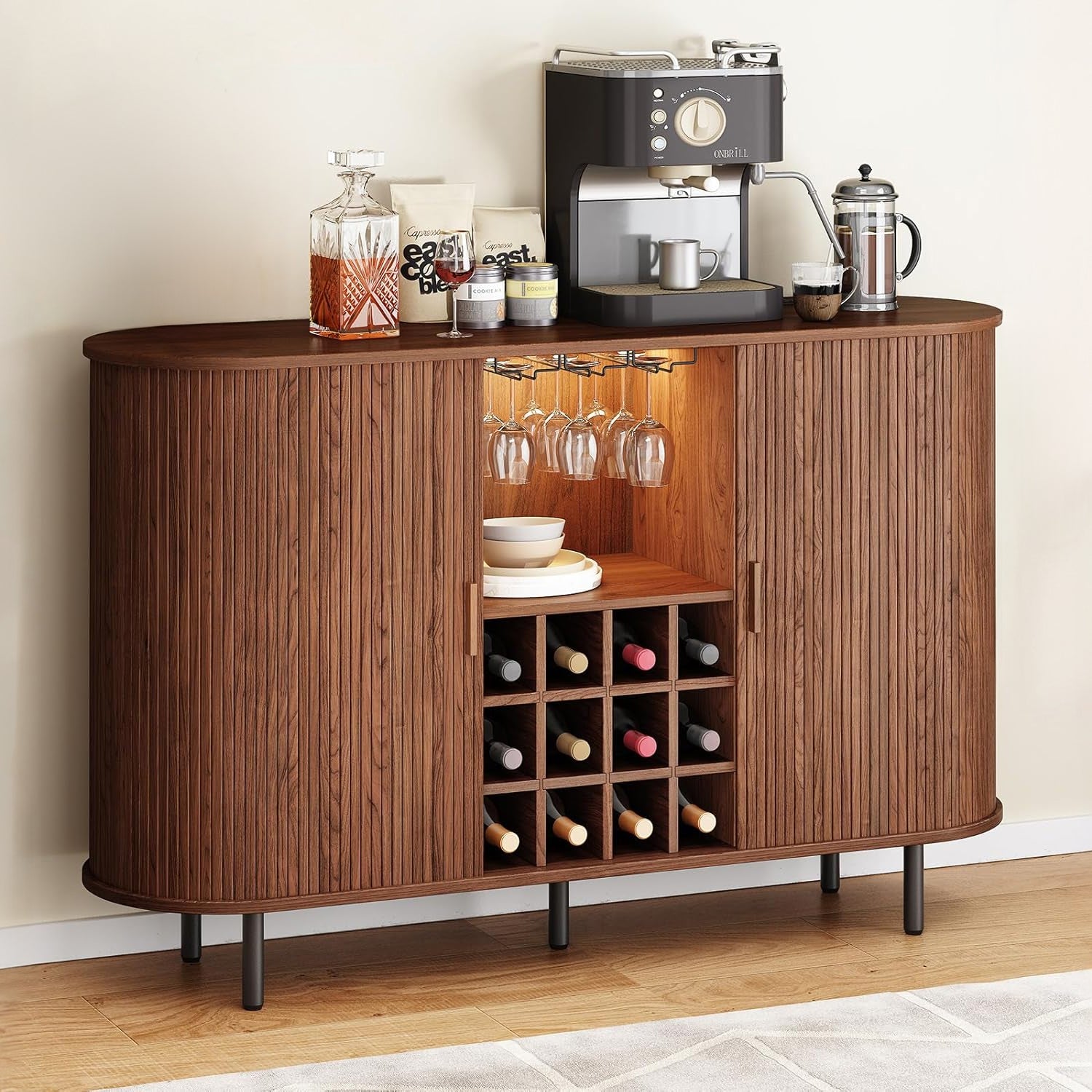 55 Inch Wine Bar Cabinet with LED Light, Modern Coffee Station with Wi ...