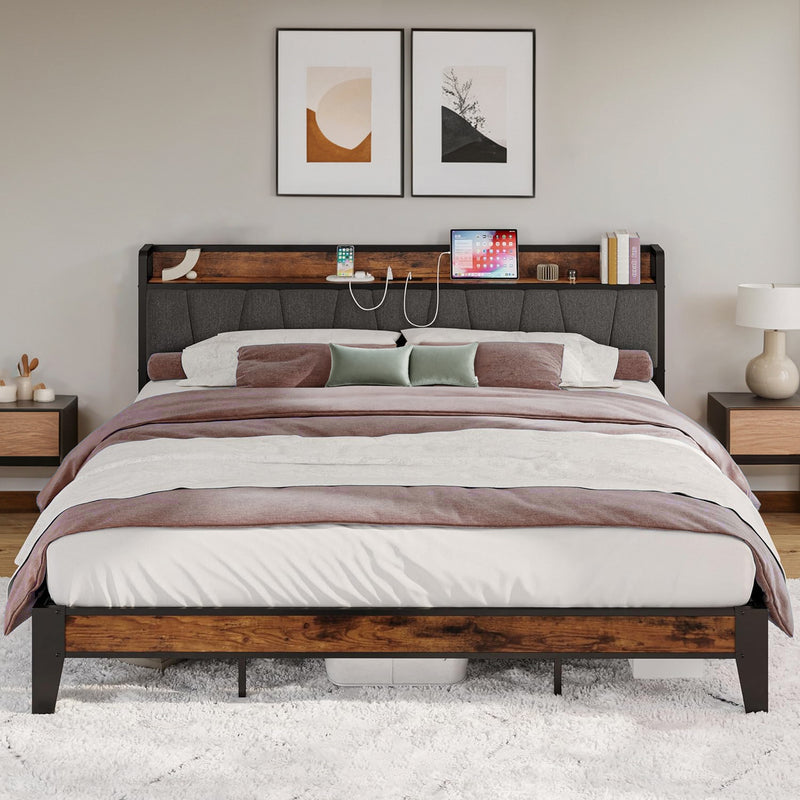 Upholstered Bed Frame California King Bed with Storage Headboard, Charging Station