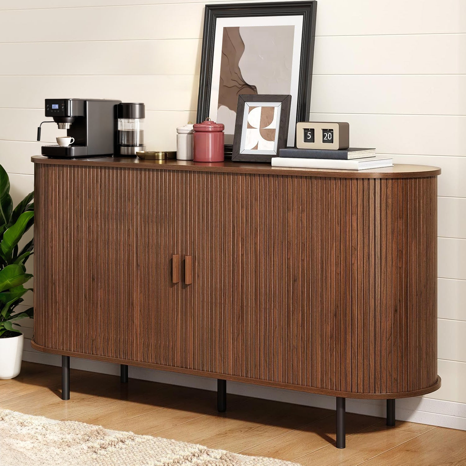 55 Inch Sideboard Buffet Cabinet with Sliding Tambour Door, Kitchen St ...