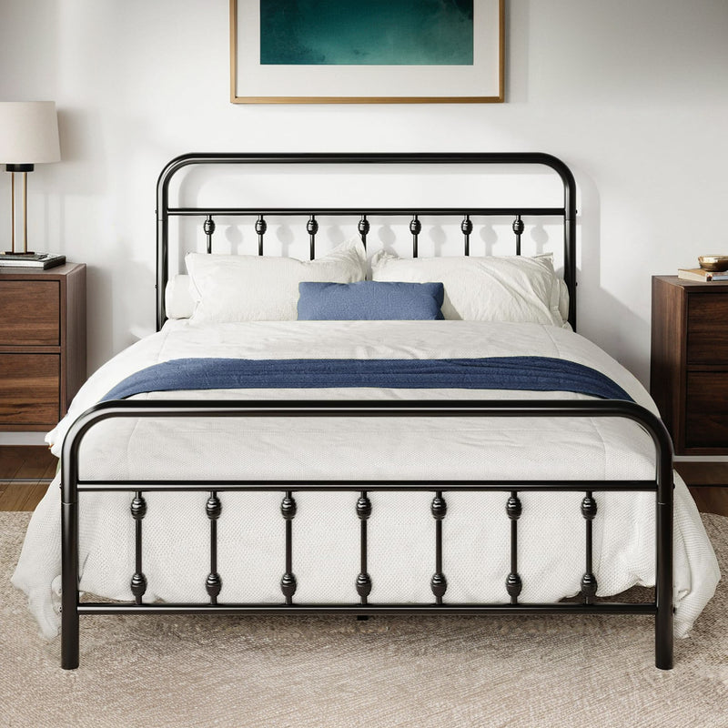 Metal Platform Bed Frame with Victorian Style Iron-Art Headboard Mattress Foundation Under Bed Storage