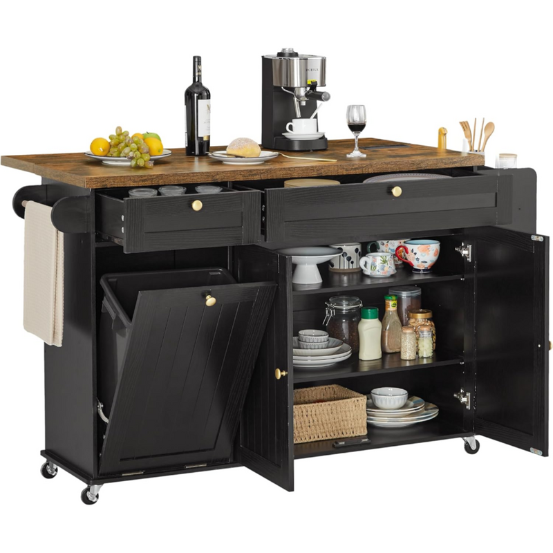 Kitchen Island Cart with Trash Can Storage, Kitchen Storage Cabinet on Wheels