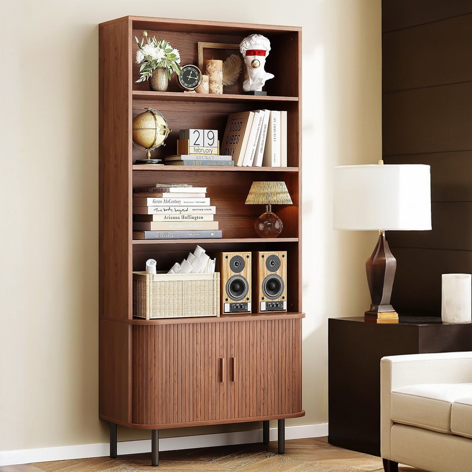 71 Inch 4-Tier Tall Bookshelve and Bookcase with Storage Cabinet, Floor Standing Wooden Bookshelf with Sliding Door and Adjustable Footpad