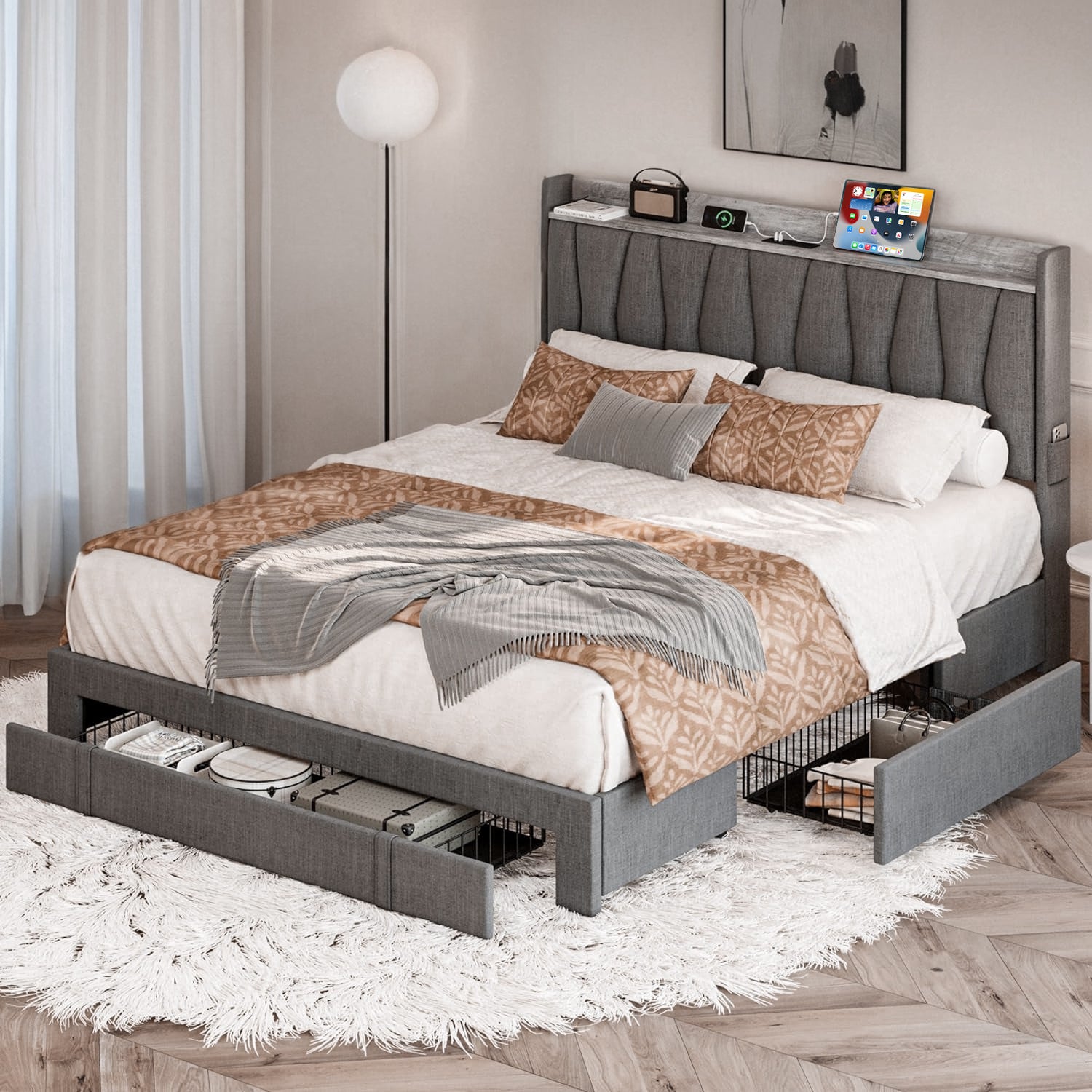 Bed Frame with 3 Drawers, Upholstered Platform Bed with