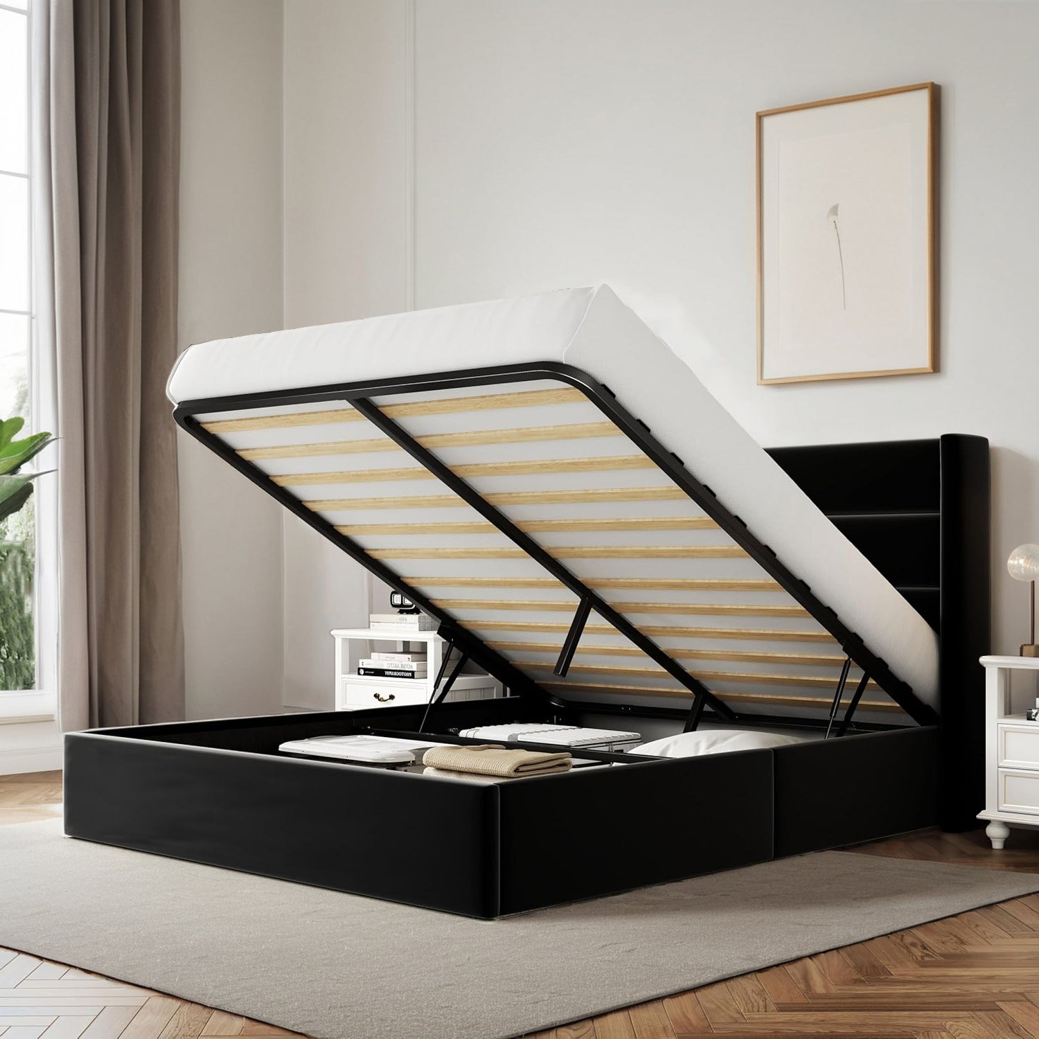 Velvet Lift Up Storage Bed with Modern Wingback Headboard Hydraulic Su ...