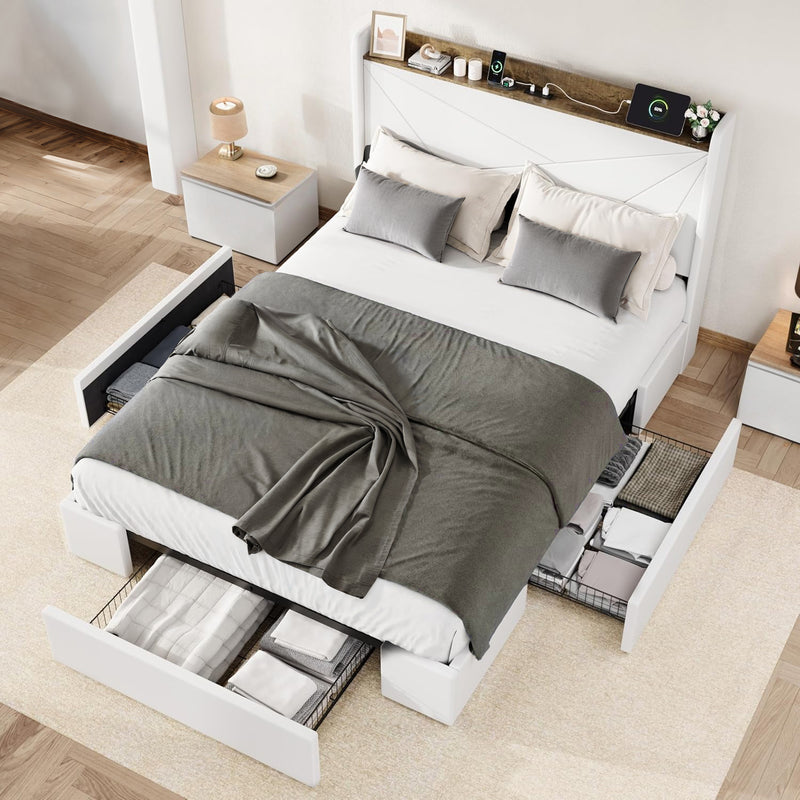 Upholstered Bed Frame with 3 Drawers Storage and and Headboard with USB Ports, No Box Spring Needed