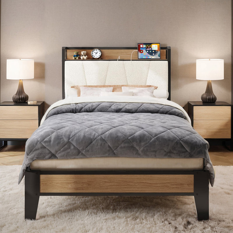 Upholstered Bed Frame, Twin/Twin XL Bed Frame with Storage Headboard Charging Station
