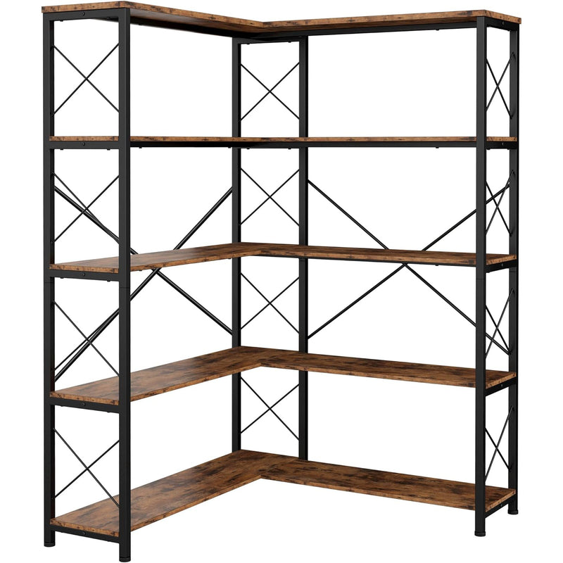 Corner Bookshelf 5 Tiers/6 Tiers Industrial Bookcases Shelf Storage Rack with Metal Frame
