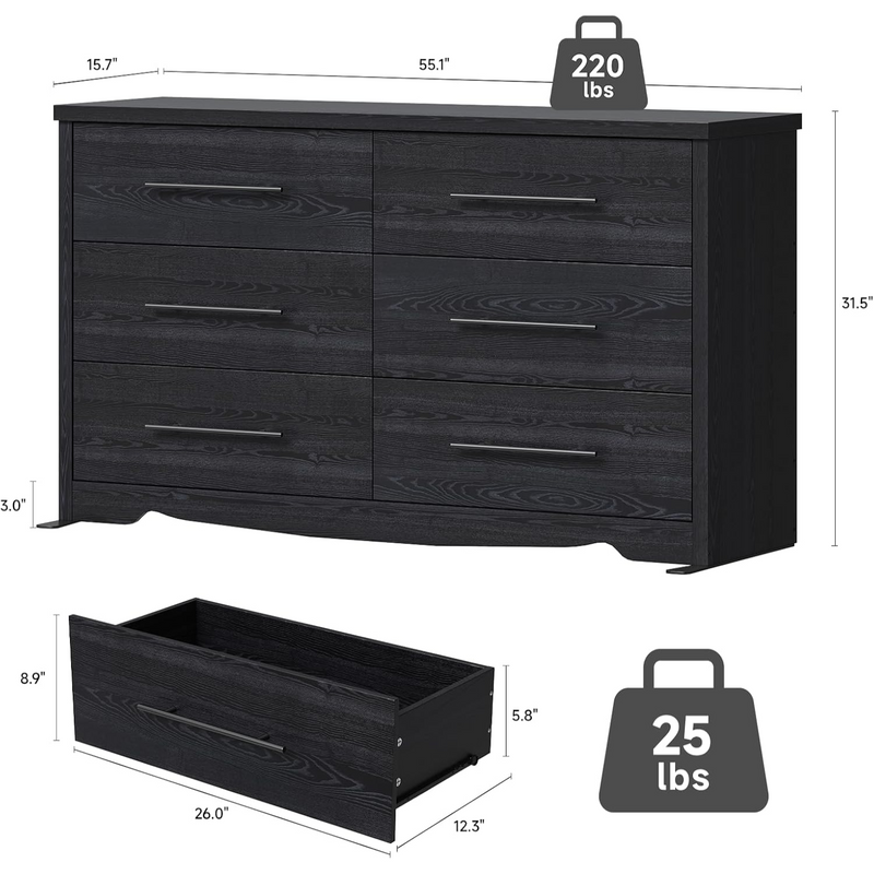 55" Dressers with 6 Drawer Dresser Chests of Drawers with Metal Handles, Black