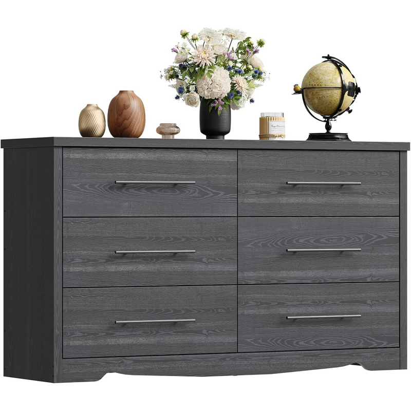 55" Dressers with 6 Drawer Dresser Chests of Drawers with Metal Handles, Black