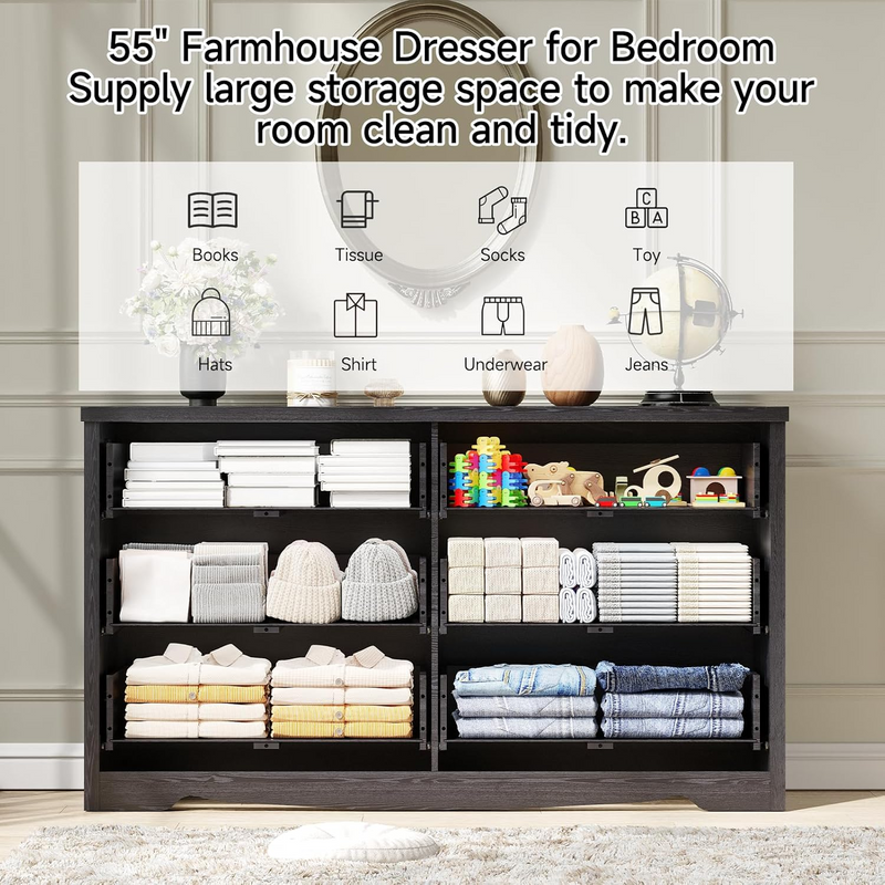 55" Dressers with 6 Drawer Dresser Chests of Drawers with Metal Handles, Black