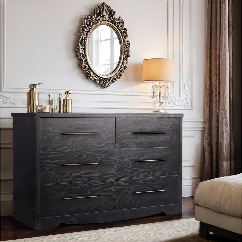 55" Dressers with 6 Drawer Dresser Chests of Drawers with Metal Handles, Black