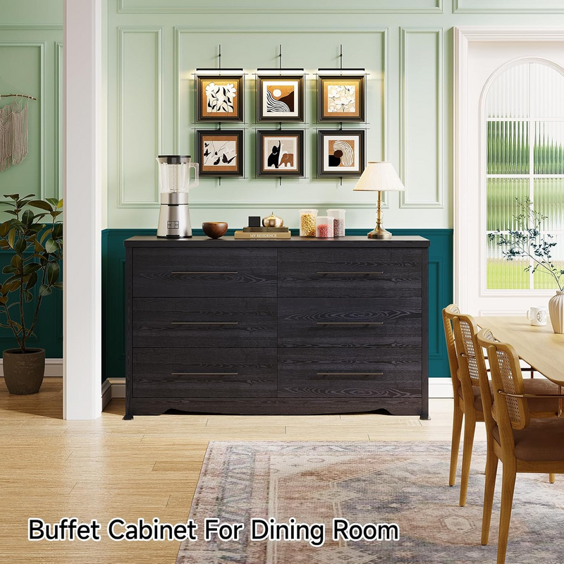 55" Dressers with 6 Drawer Dresser Chests of Drawers with Metal Handles, Black