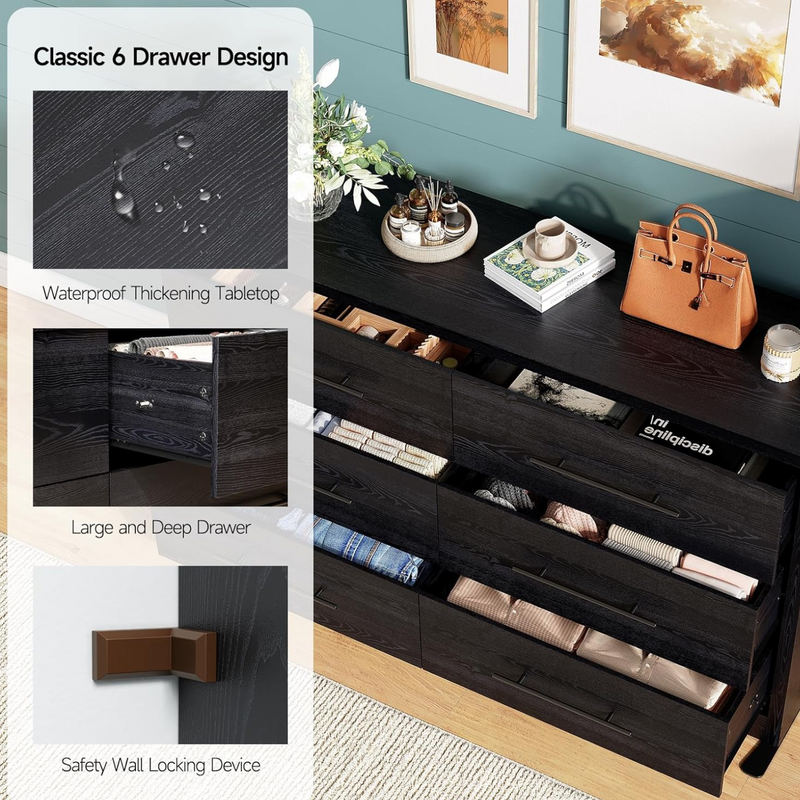 55" Dressers with 6 Drawer Dresser Chests of Drawers with Metal Handles, Black