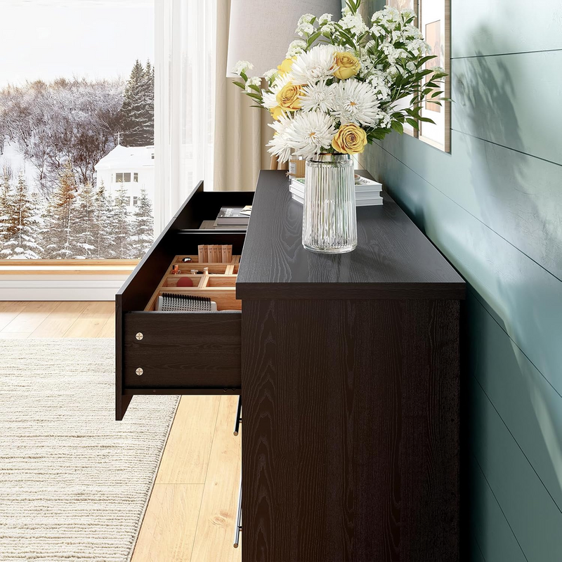 55" Dressers with 6 Drawer Dresser Chests of Drawers with Metal Handles, Black