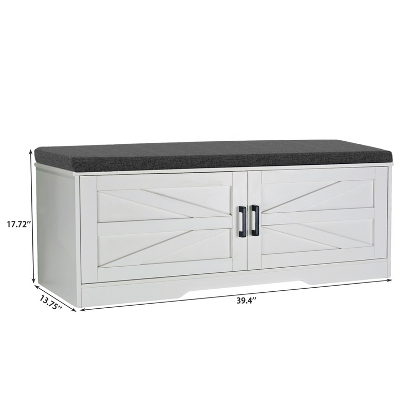 Shoe Bench, 2 Tier Storage Bench with Padded Seat Cushion, Farmhouse Entryway Bench with 2 Barn Doors & 2 Adjustable Shelves