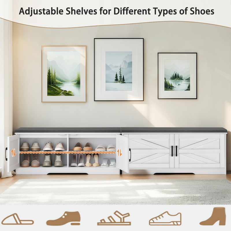 Shoe Bench, 2 Tier Storage Bench with Padded Seat Cushion, Farmhouse Entryway Bench with 2 Barn Doors & 2 Adjustable Shelves