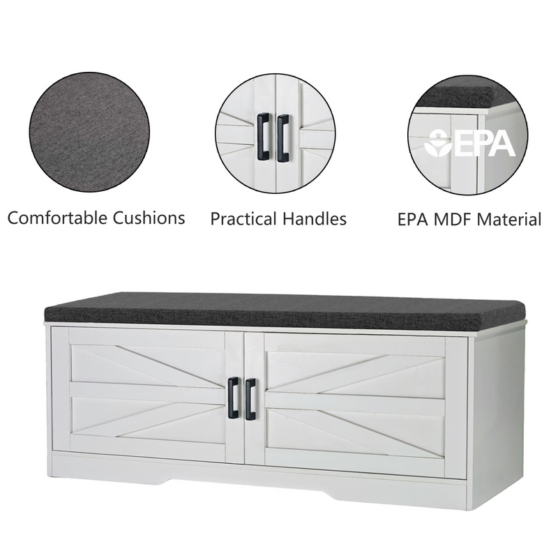 Shoe Bench, 2 Tier Storage Bench with Padded Seat Cushion, Farmhouse Entryway Bench with 2 Barn Doors & 2 Adjustable Shelves