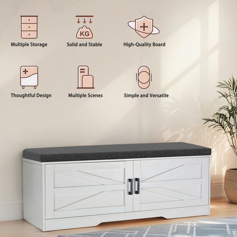 Shoe Bench, 2 Tier Storage Bench with Padded Seat Cushion, Farmhouse Entryway Bench with 2 Barn Doors & 2 Adjustable Shelves
