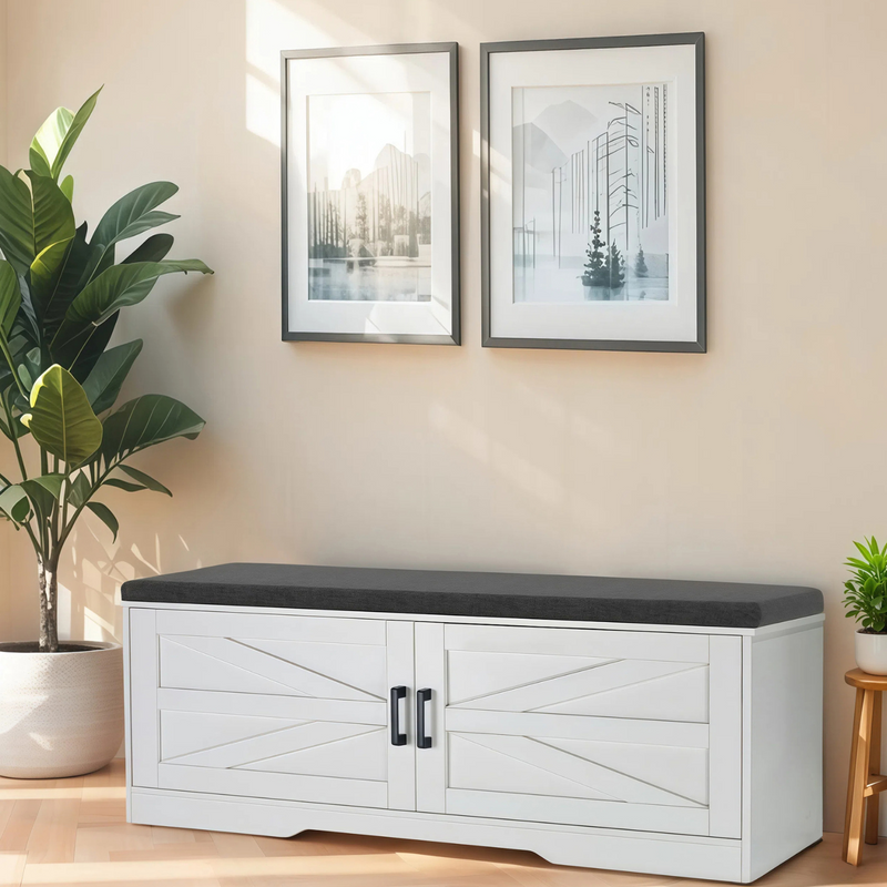 Shoe Bench, 2 Tier Storage Bench with Padded Seat Cushion, Farmhouse Entryway Bench with 2 Barn Doors & 2 Adjustable Shelves