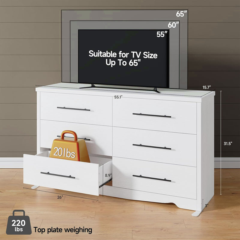 55" Dressers with 6 Drawer Dresser Chests of Drawers with Metal Handles, Black