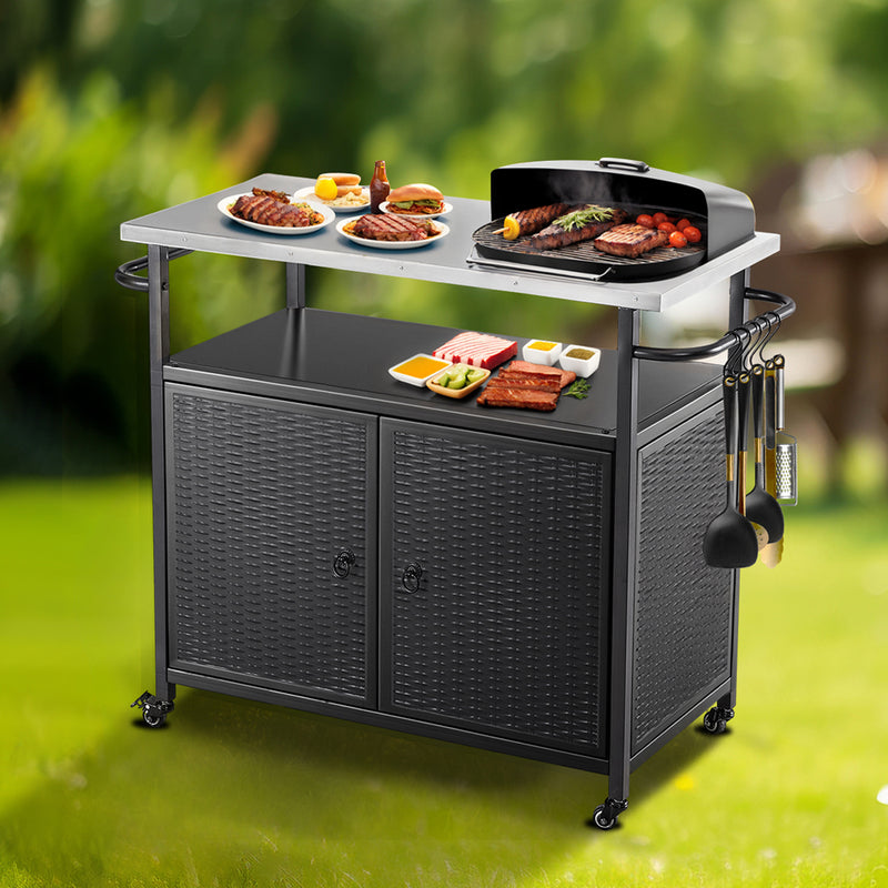 Outdoor Grill Cart with Storage Cabinet, Kitchen Island Cart with four casters and three shelves