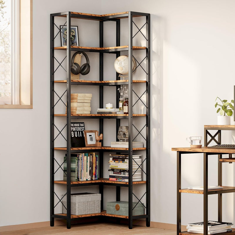 7-Tier Industrial Corner Bookshelf, Corner Shelf, Tall Storage Display Rack with Metal Frame, for Living Room, Home Office