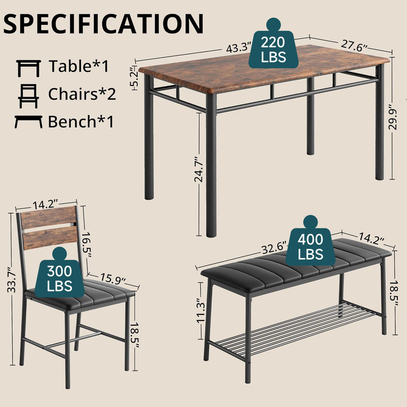 Dining Table Set, Wood Kitchen Table with Upholstered Bench and 2 Chairs,Space-Saving Kitchen Table Set Compact Dining Set