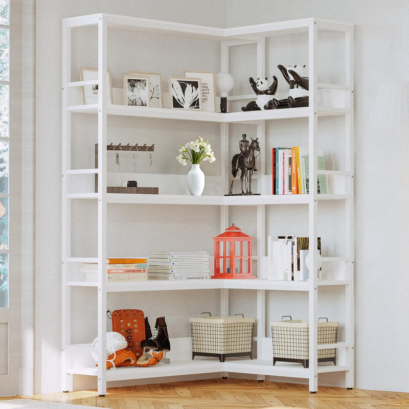 5 Tiers Corner Bookcases Industrial Bookshelves  with Baffles Etagere Shelf Storage Rack with Metal Frame