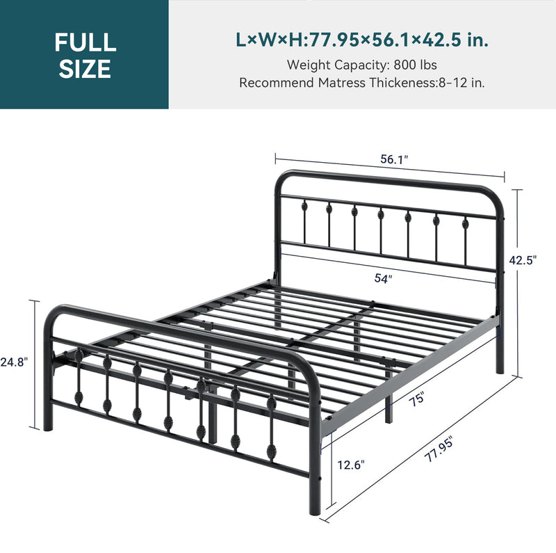 Metal Platform Bed Frame with Victorian Style Iron-Art Headboard Mattress Foundation Under Bed Storage