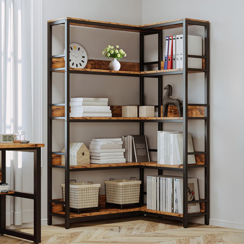 5 Tiers Corner Bookcases Industrial Bookshelves  with Baffles Etagere Shelf Storage Rack with Metal Frame