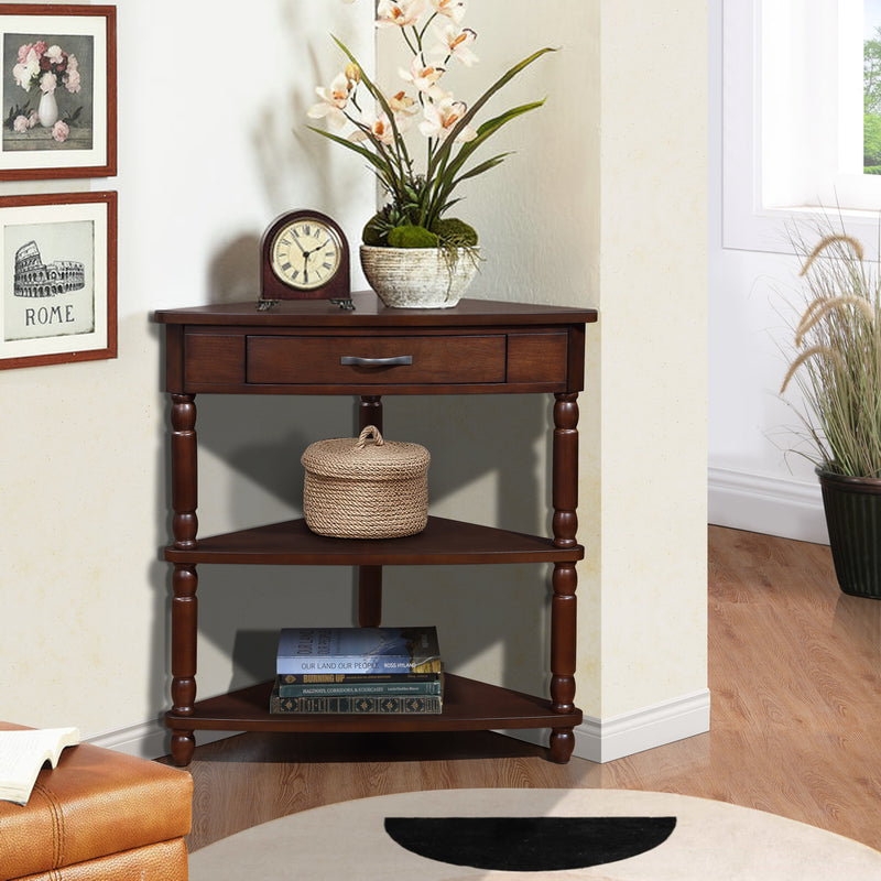 Side Table End Table Corner Table, 3-Tier Corner Accent Table with Drawer and Storage Shelves