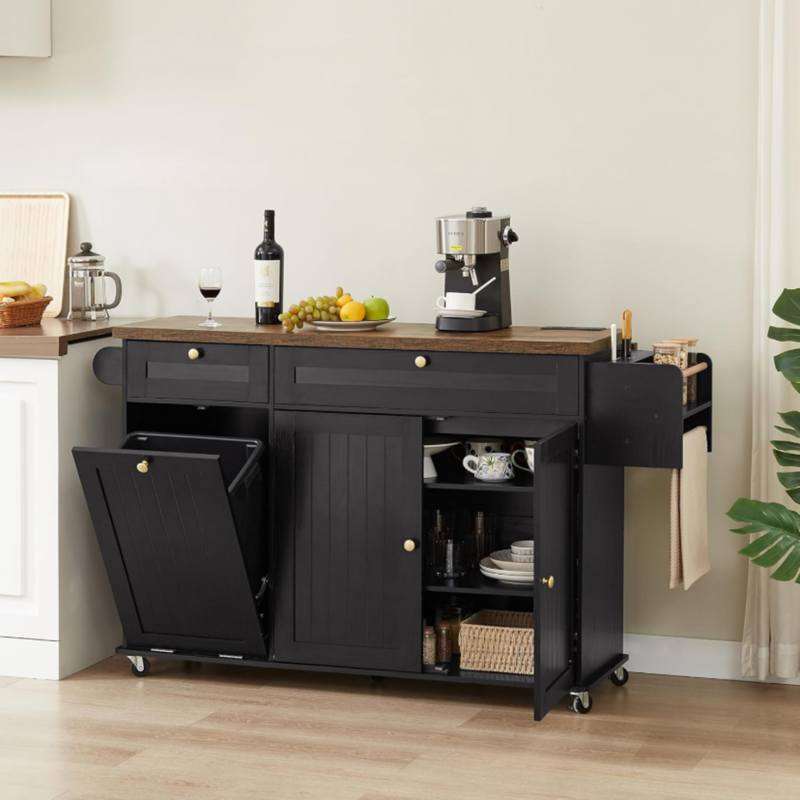 Kitchen Island Cart with Trash Can Storage, Kitchen Storage Cabinet on Wheels
