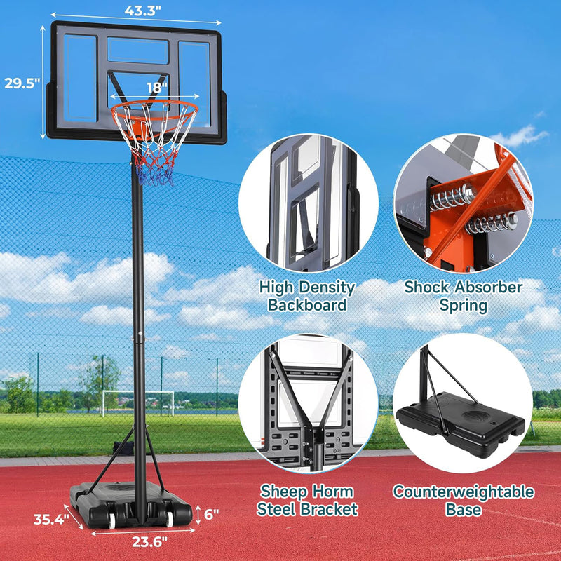 Outdoor Portable Basketball Hoop Adjustable Height Basketball Stand With 44" Backboards and Portable Wheels