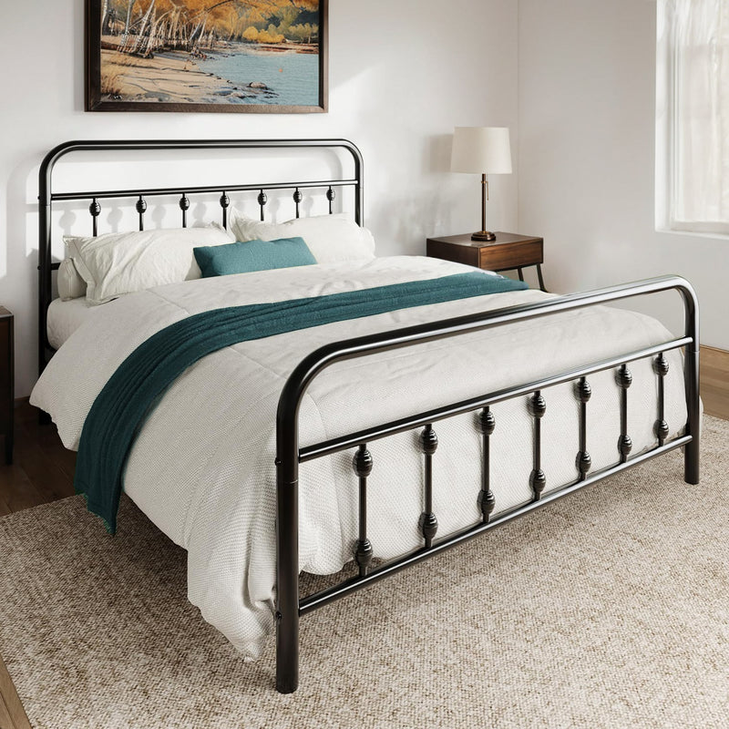 Metal Platform Bed Frame with Victorian Style Iron-Art Headboard Mattress Foundation Under Bed Storage