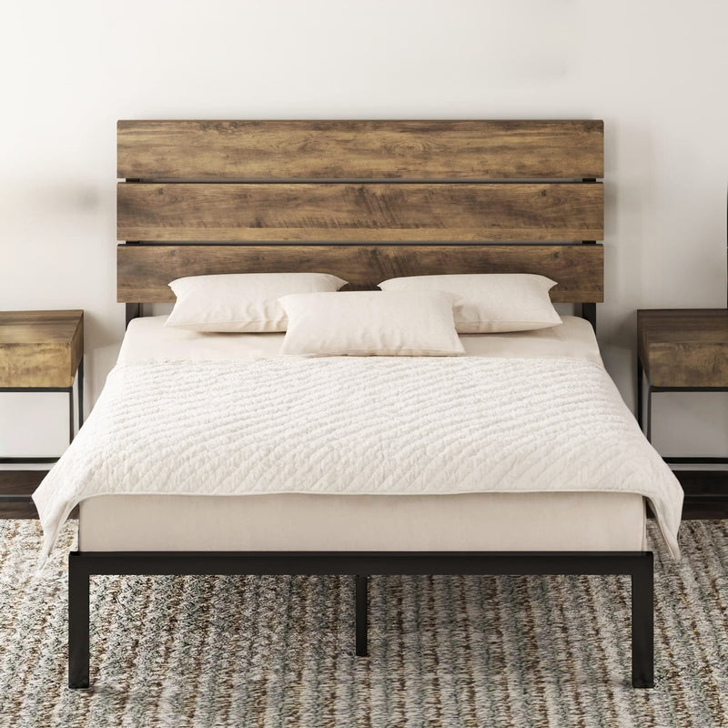 Platform Bed Frame with Wooden Headboard and Metal Slats, Queen/Full/Twin Size