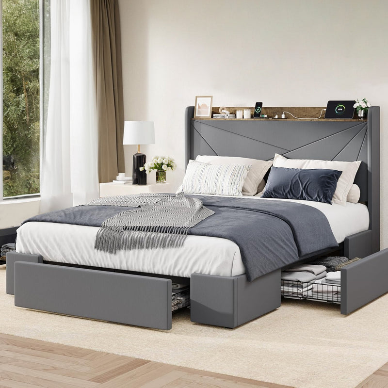 Upholstered Bed Frame with 3 Drawers Storage and and Headboard with USB Ports, No Box Spring Needed