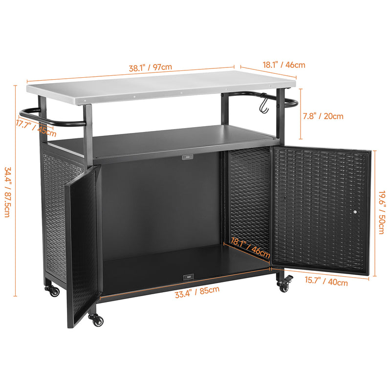 Outdoor Grill Cart with Storage Cabinet, Kitchen Island Cart with four casters and three shelves