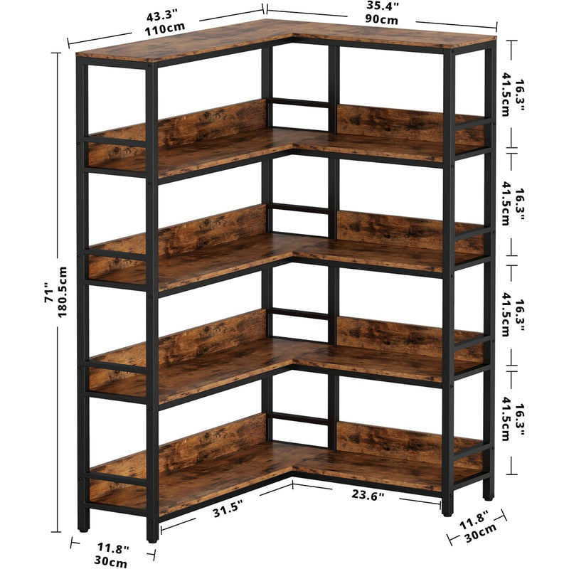 5 Tiers Corner Bookcases Industrial Bookshelves  with Baffles Etagere Shelf Storage Rack with Metal Frame