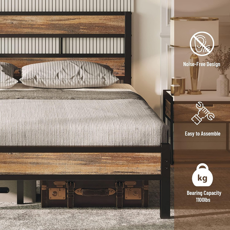 King Size Platform Bed Frame with Headboard, Queen/King Size, No Box Spring Required