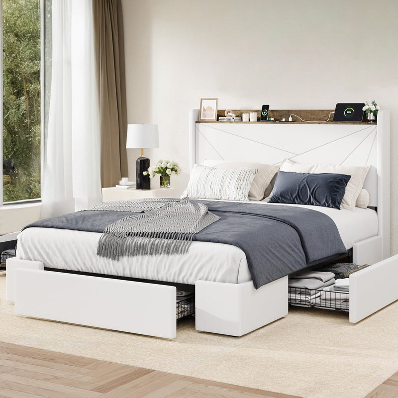 Upholstered Bed Frame with 3 Drawers Storage and and Headboard with USB Ports, No Box Spring Needed