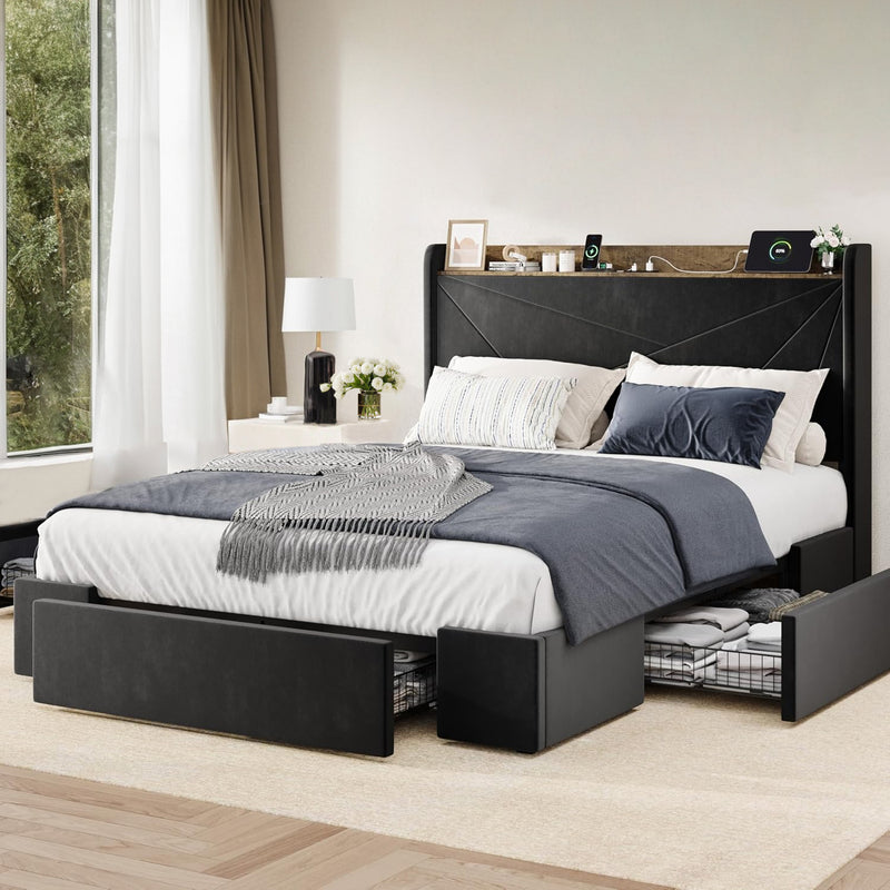 Upholstered Bed Frame with 3 Drawers Storage and and Headboard with USB Ports, No Box Spring Needed