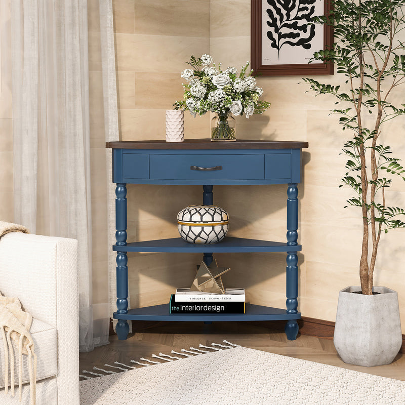 Side Table End Table Corner Table, 3-Tier Corner Accent Table with Drawer and Storage Shelves