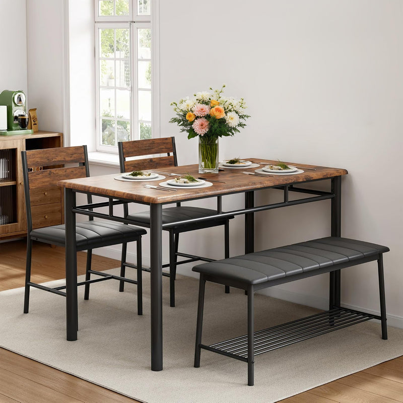 Dining Table Set, Wood Kitchen Table with Upholstered Bench and 2 Chairs,Space-Saving Kitchen Table Set Compact Dining Set