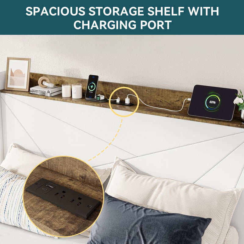 Upholstered Bed Frame with 3 Drawers Storage and and Headboard with USB Ports, No Box Spring Needed